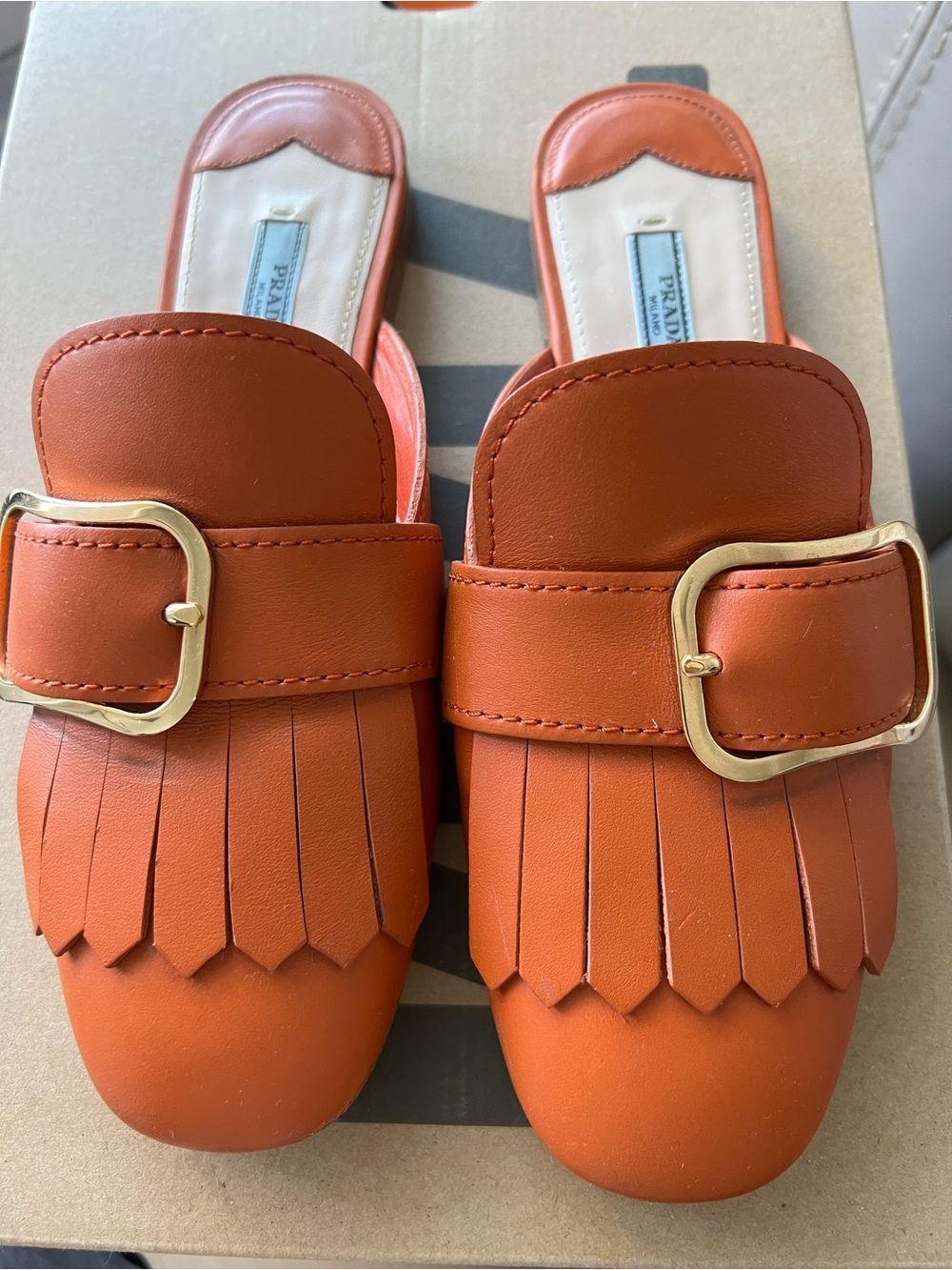 Prada Orange Leather Fringe Mule with Gold Buckle Detail